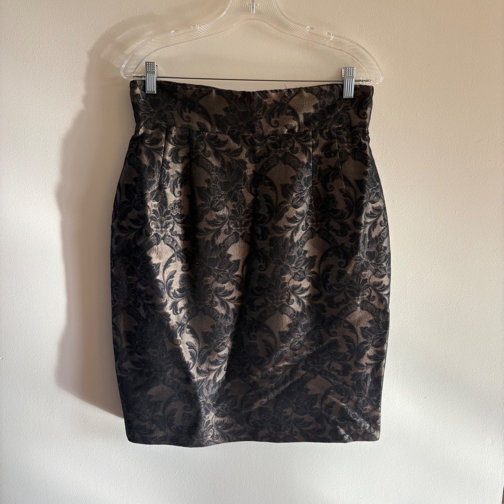 Sunny Choi Metallic Bronze Black Damask Wool Blend Pencil Skirt Womens Size 12